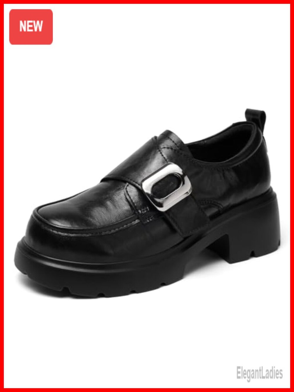 Women's Platform Chunky Loafers, Business Casual Dress Shoes, Metallic Buckle